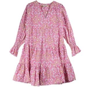 Tucker Nuk Mini Dress Pink Orange Block Print Tiered 100% Cotton L Smocked Cuffs